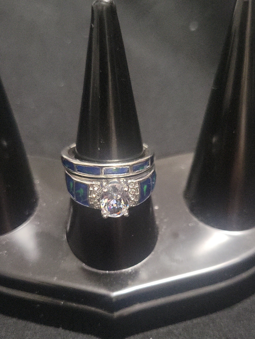 2 Pieces S925 Silver Ring Size 7 Blue Colored Design And Faux Diamond